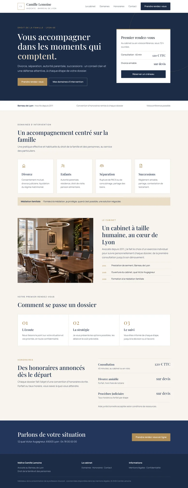 Site internet d'avocate en droit de la famille : domaines d'intervention, honoraires et prise de rendez-vous