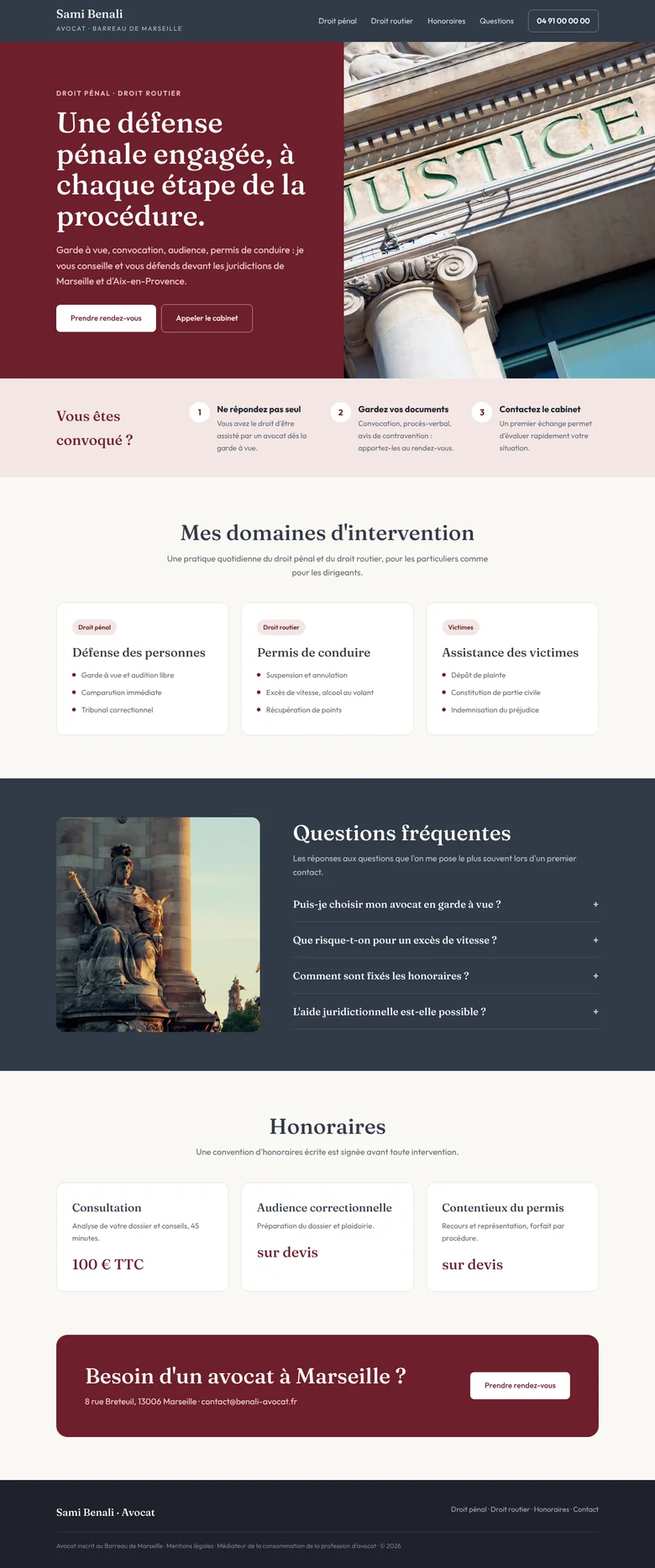 Site internet d'avocat pénaliste : domaines d'intervention, questions fréquentes et honoraires