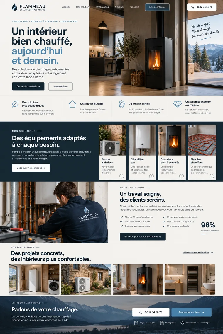 Site internet chauffagiste plombier créé par Blomiro : page d'accueil de Flammeau