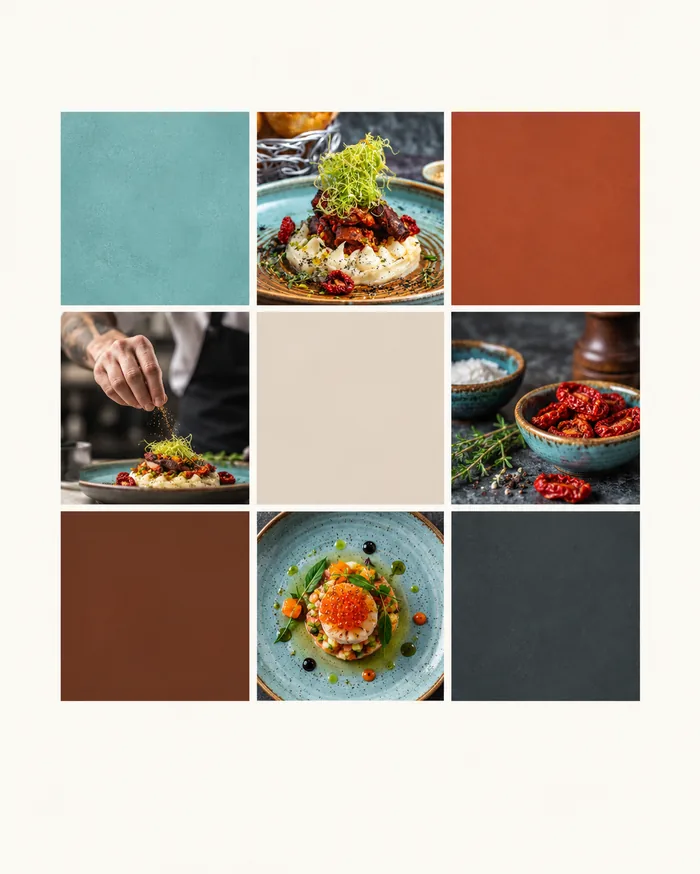 Palette bleu canard, rouille et anthracite pour un site de chef à domicile