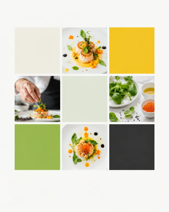 Palette lumineuse blanc, jaune safran et vert pour un site de chef à domicile