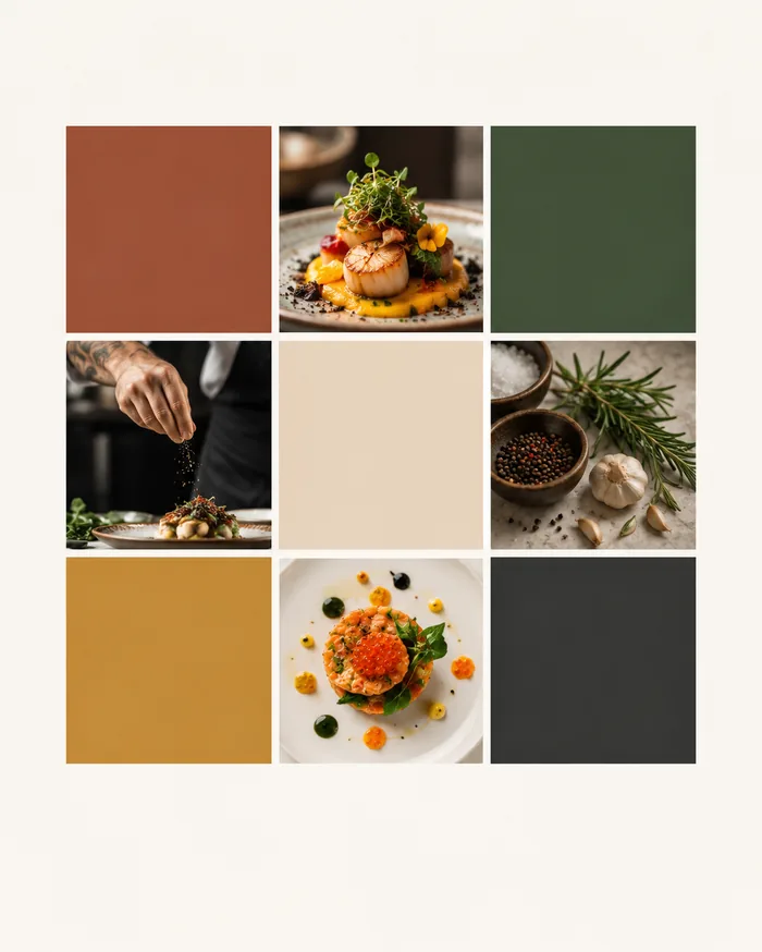Palette terracotta, vert forêt et ocre pour un site de chef à domicile