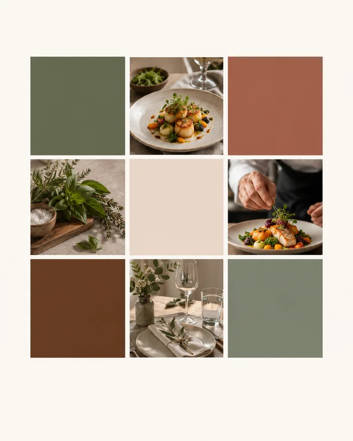 Palette vert sauge, terracotta et lin pour un site de chef à domicile
