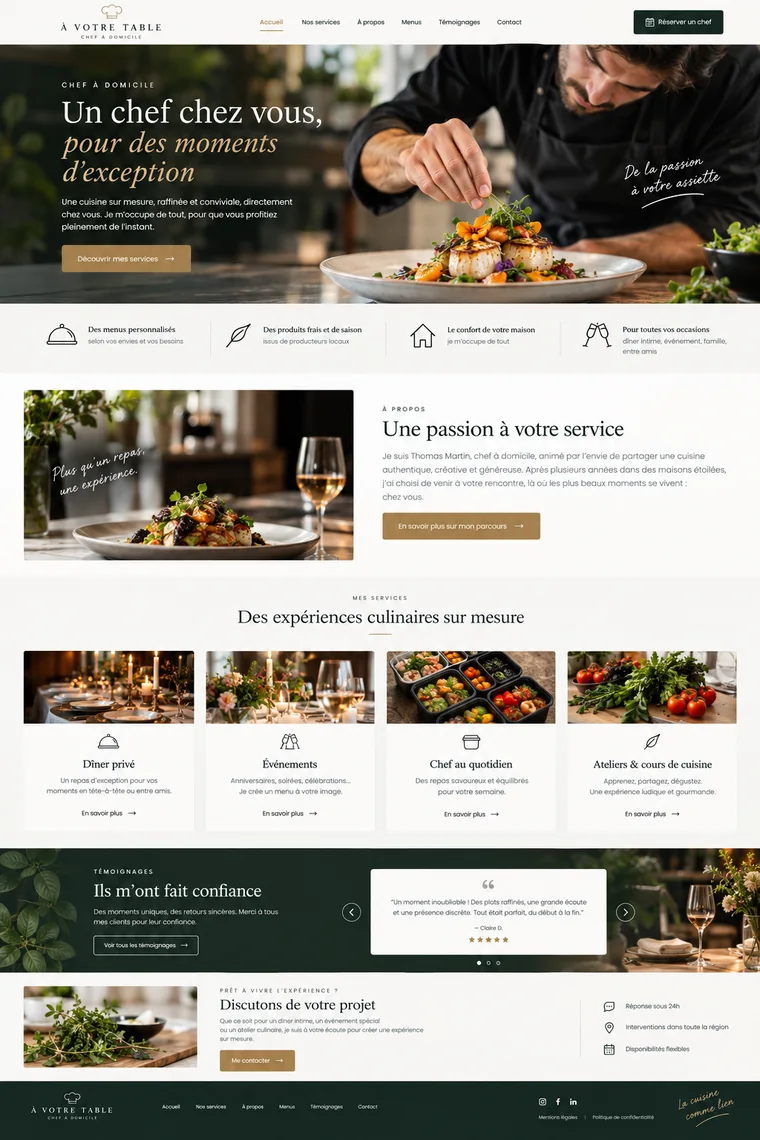 Site internet de chef à domicile créé par Blomiro : page d'accueil d'À votre table avec réservation en ligne