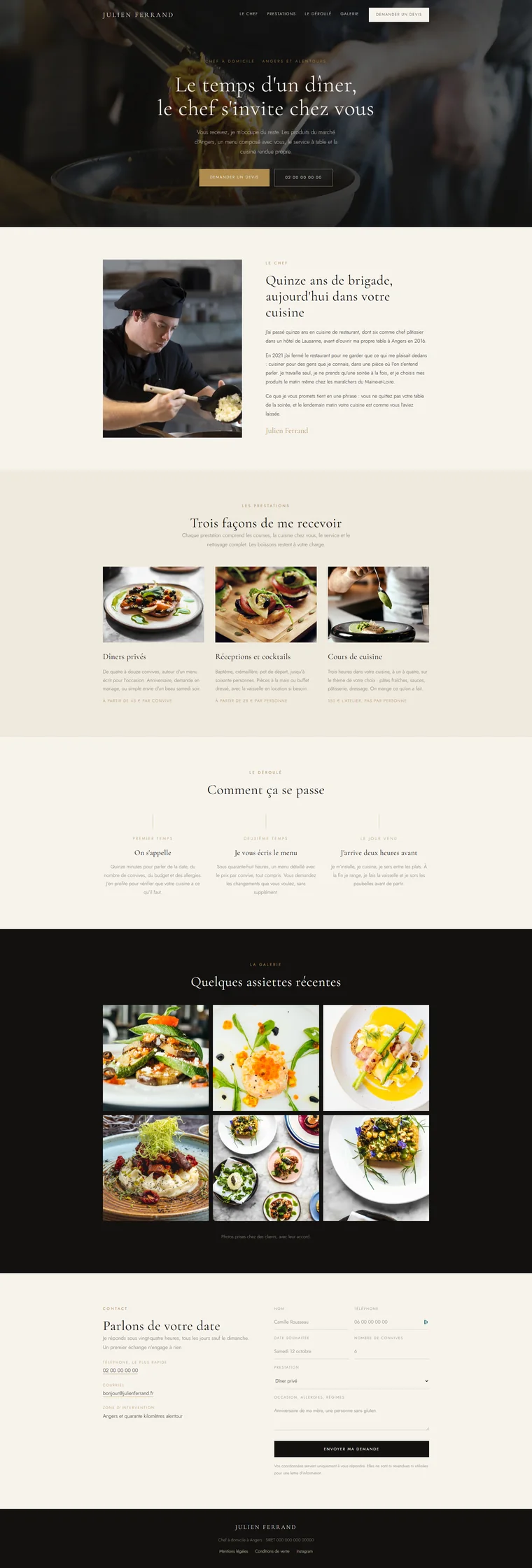 Site internet de chef à domicile Julien Ferrand : prestations, déroulé d'une soirée et demande de devis en ligne