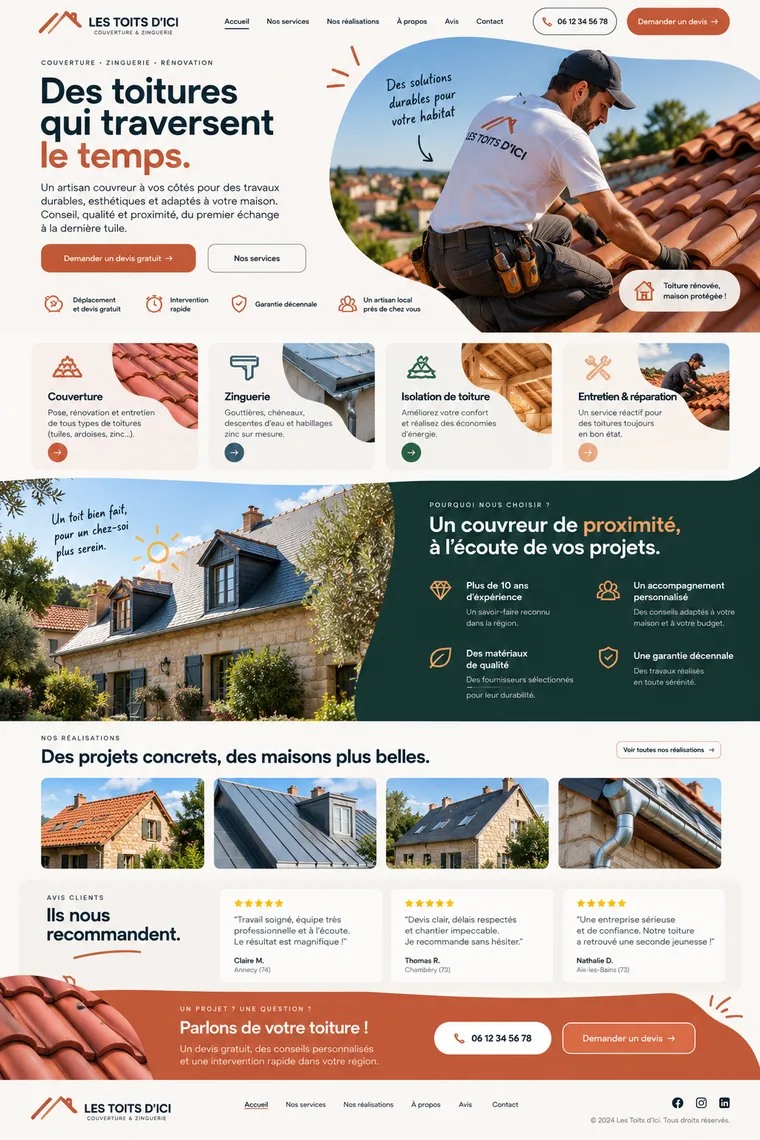 Site internet couvreur zingueur créé par Blomiro : page d'accueil de Les Toits d'Ici