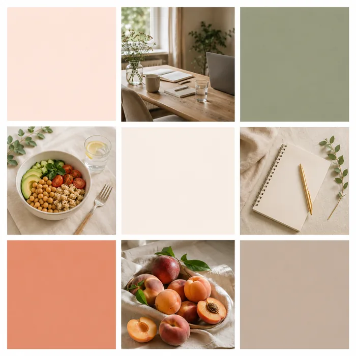 Palette de couleurs pêche, vert sauge et crème pour un site de diététicienne