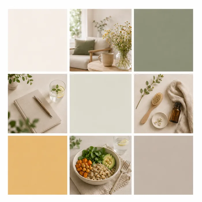 Palette de couleurs naturelles beige, vert sauge et miel pour un site de diététicien-nutritionniste