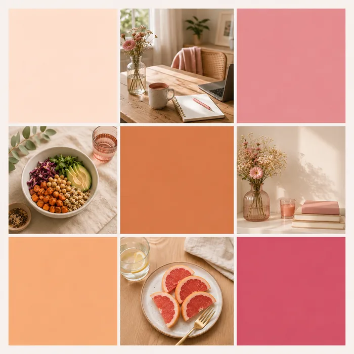 Palette de couleurs gourmandes corail, pêche et rose pour un site de diététicienne