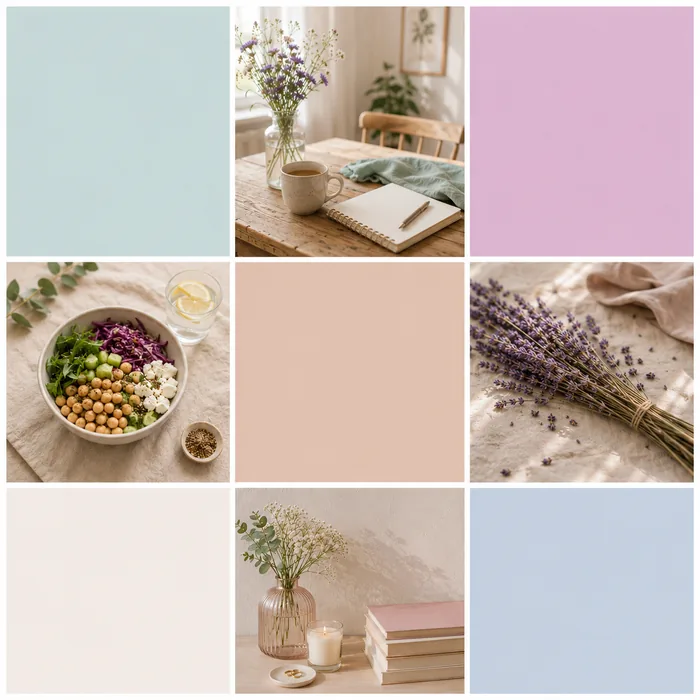Palette de couleurs pastel douces bleu, lavande et blush pour un site de diététicienne