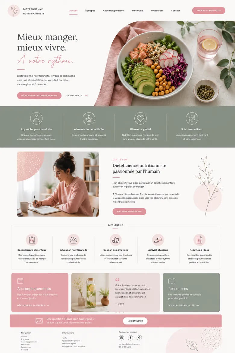 Site internet de diététicienne nutritionniste : présentation des accompagnements et réservation en ligne
