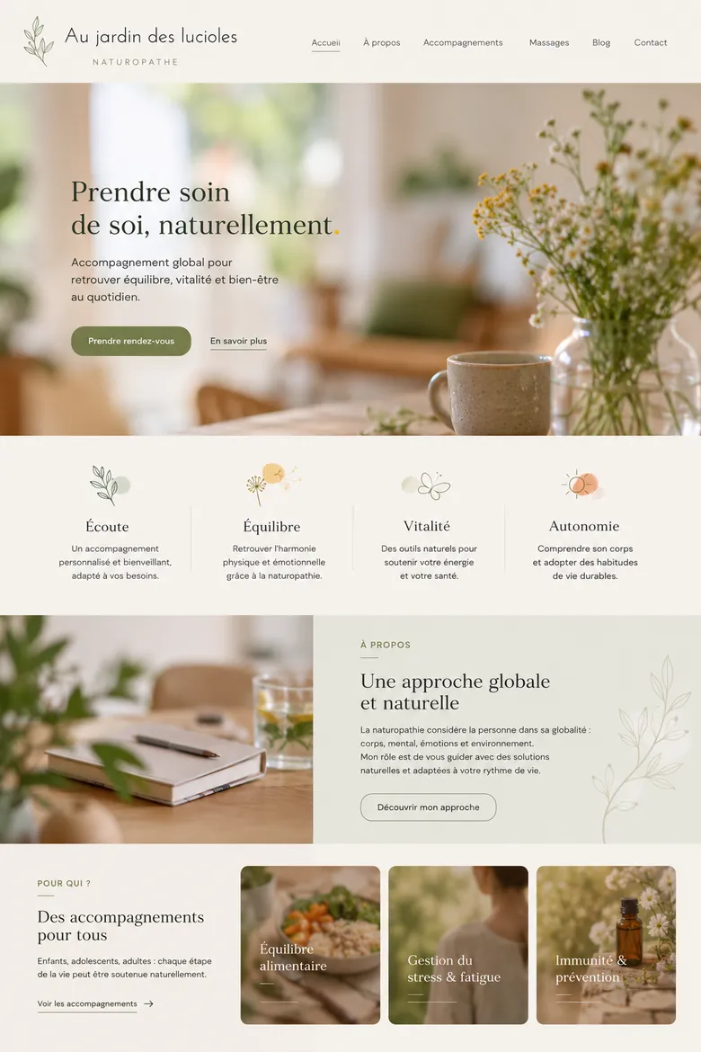 Site internet aux tons verts et naturels pour un cabinet de diététique : accompagnements, équilibre alimentaire et prise de rendez-vous