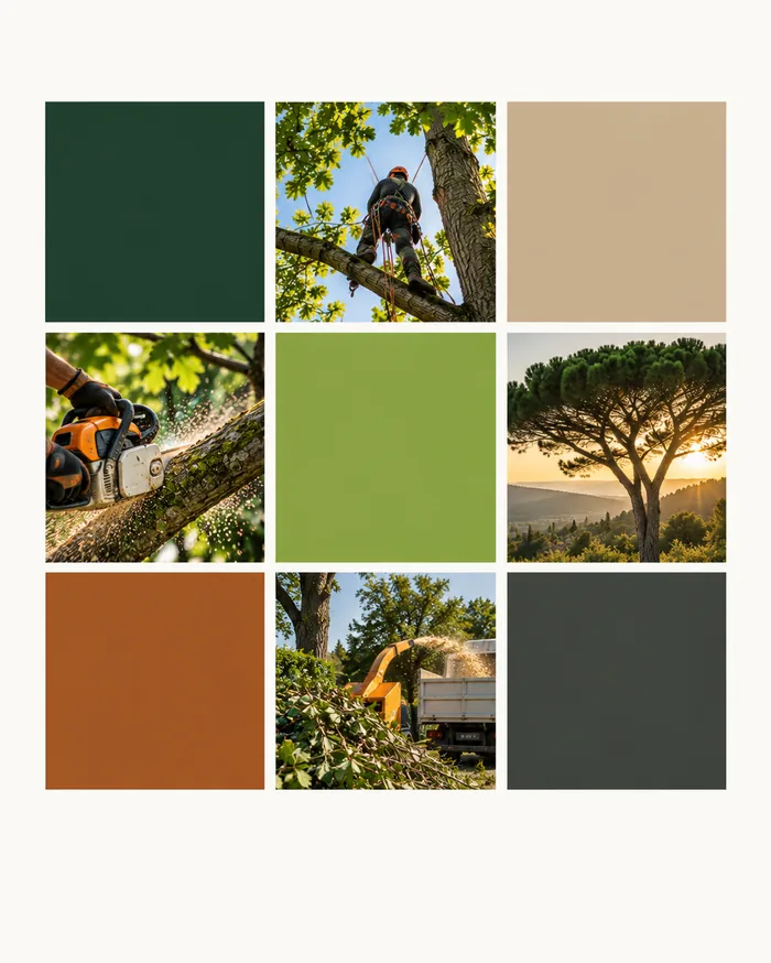 Palette vert forêt, sable et rouille pour un site d'élagueur
