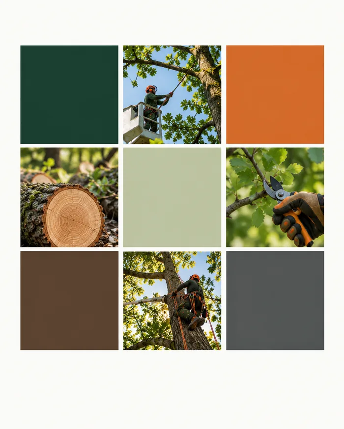 Palette vert sapin, orange et brun écorce pour un site d'élagueur
