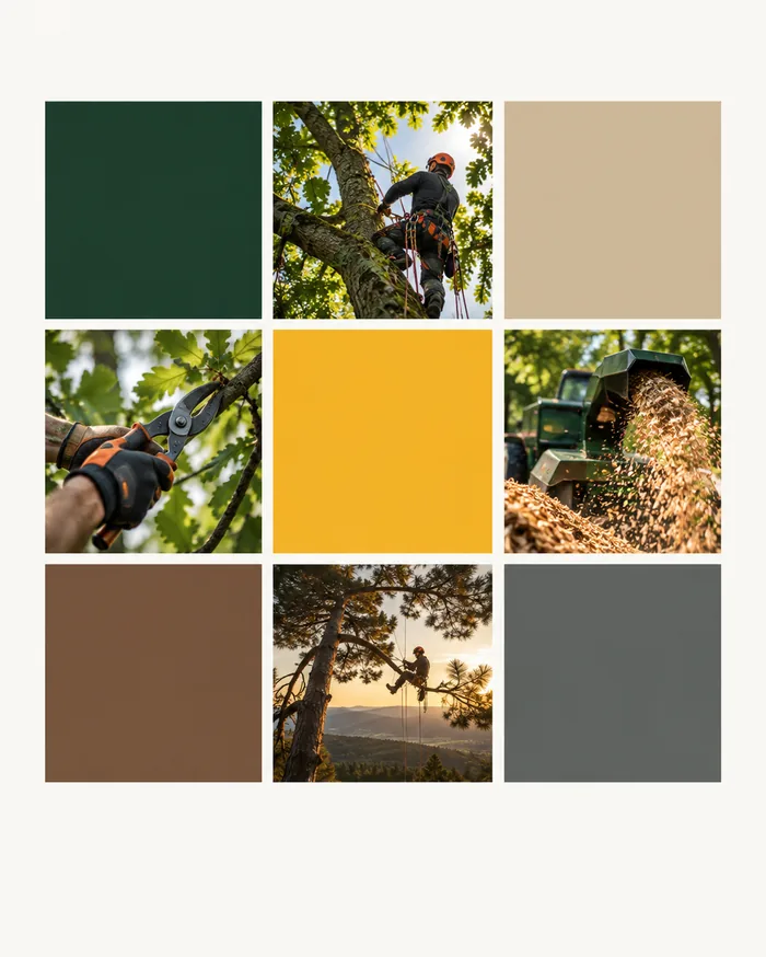Palette vert profond, jaune tournesol et brun pour un site d'élagueur