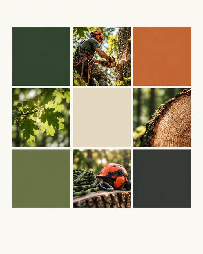 Palette vert olive, orange et crème pour un site d'élagueur