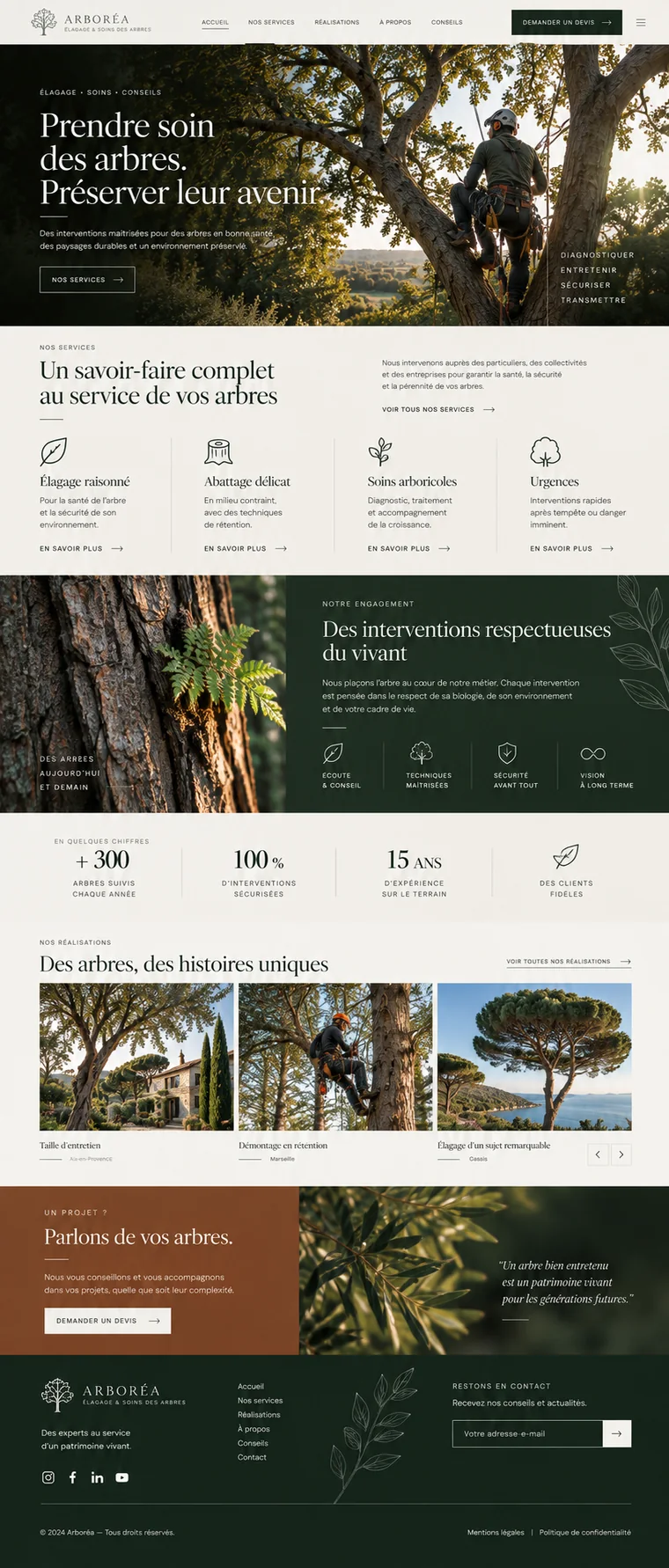 Site internet d'élagueur créé par Blomiro : page d'accueil d'Arboréa avec prise de rendez-vous en ligne