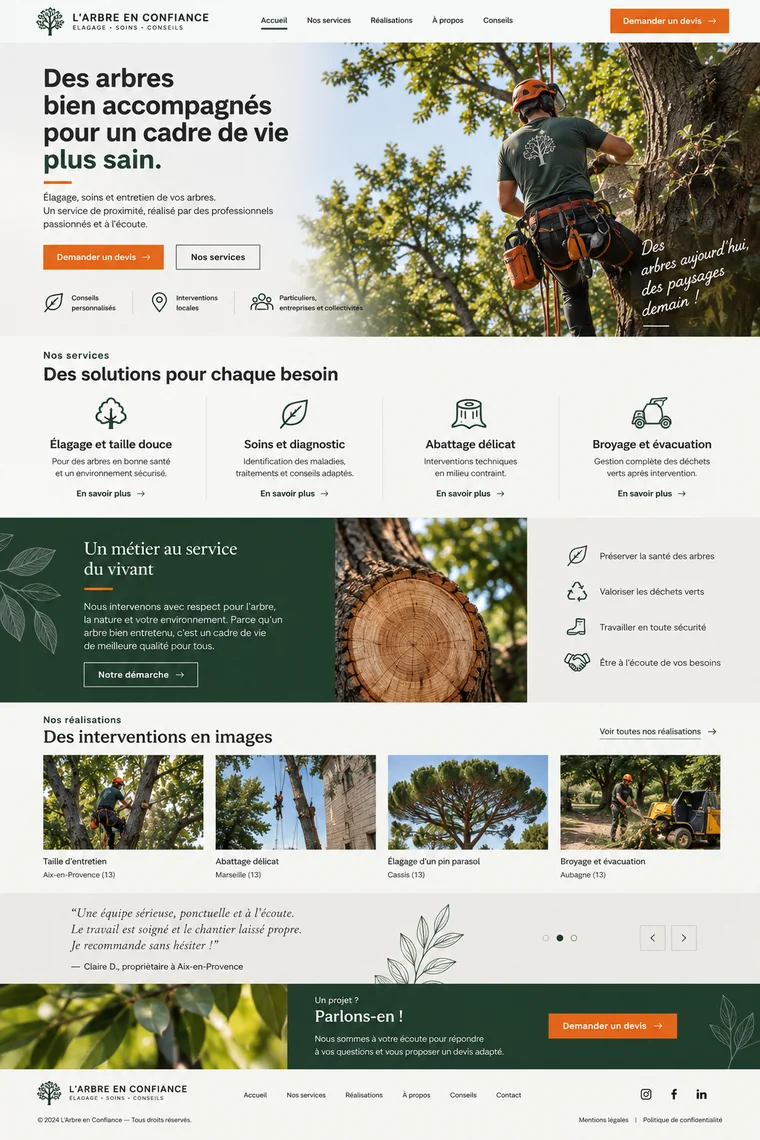 Site internet d'élagueur créé par Blomiro : page d'accueil de L'Arbre en Confiance avec prise de rendez-vous en ligne