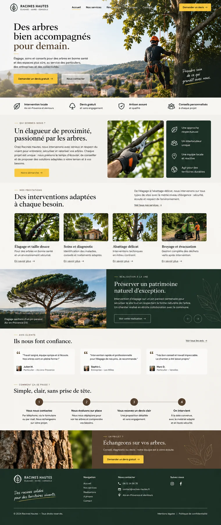 Site internet d'élagueur créé par Blomiro : page d'accueil de Racines Hautes avec prise de rendez-vous en ligne