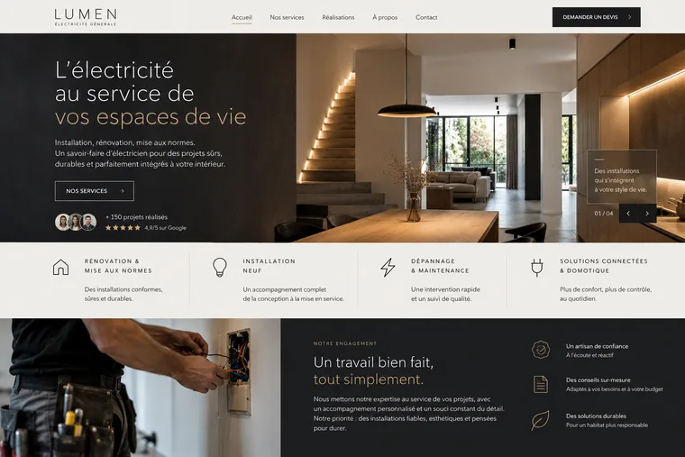 Site internet électricien créé par Blomiro : page d'accueil de Lumen Électricité
