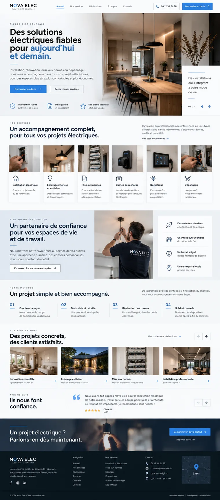 Site internet électricien créé par Blomiro : page d'accueil de Nova Elec