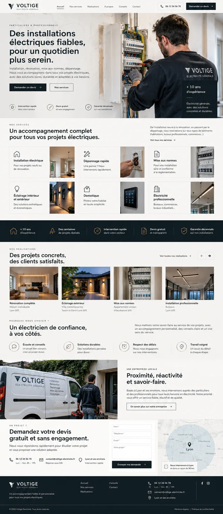 Site internet électricien créé par Blomiro : page d'accueil de Voltige Électricité
