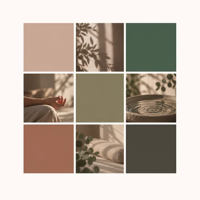 Palette de couleurs douces rose poudré, vert sauge et vert forêt pour un site d'hypnothérapeute