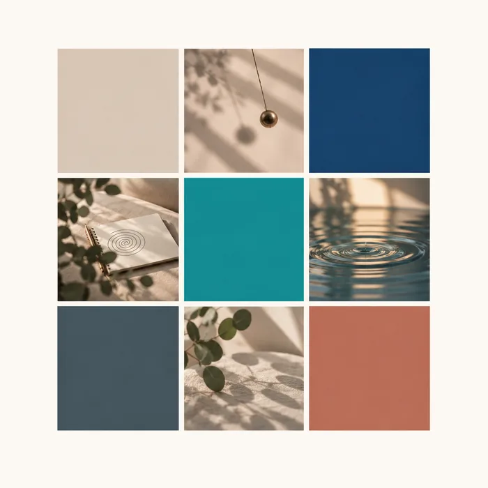Palette de couleurs beige, bleu roi, turquoise et terracotta pour un site d'hypnothérapeute