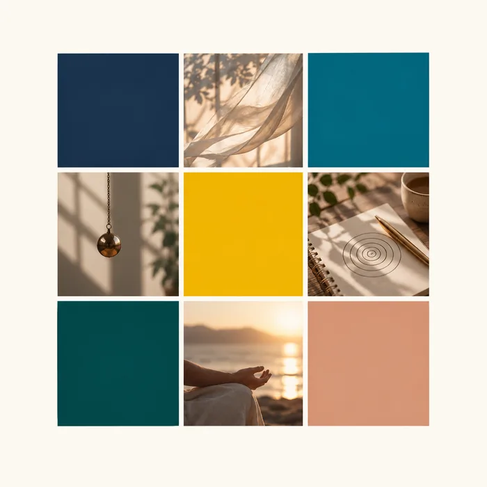 Palette de couleurs bleu nuit, bleu canard, jaune moutarde et pêche pour un site d'hypnothérapeute