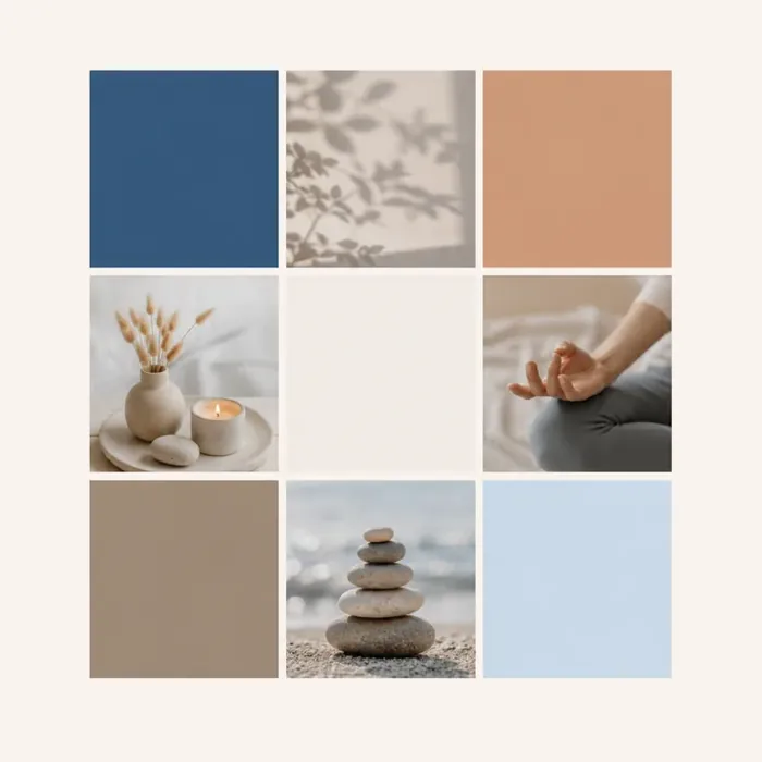 Palette de couleurs apaisantes bleu ardoise, sable et bleu ciel pour un site d'hypnothérapeute