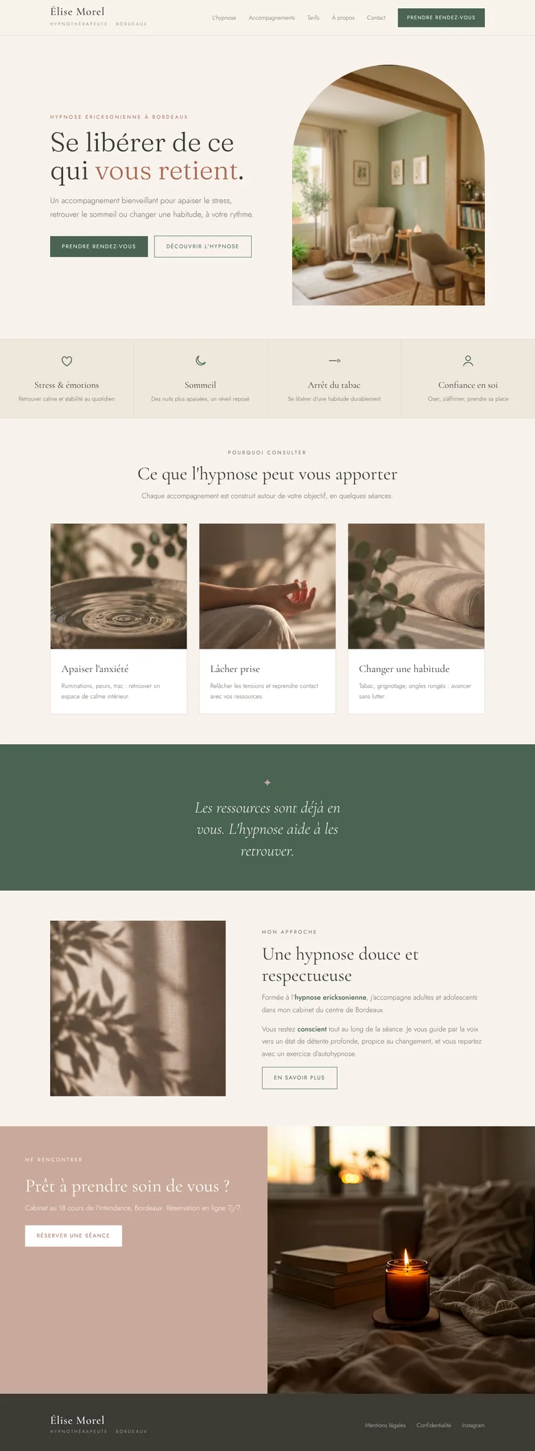 Site internet d'hypnothérapeute Élise Morel : page d'accueil avec accompagnements et prise de rendez-vous en ligne