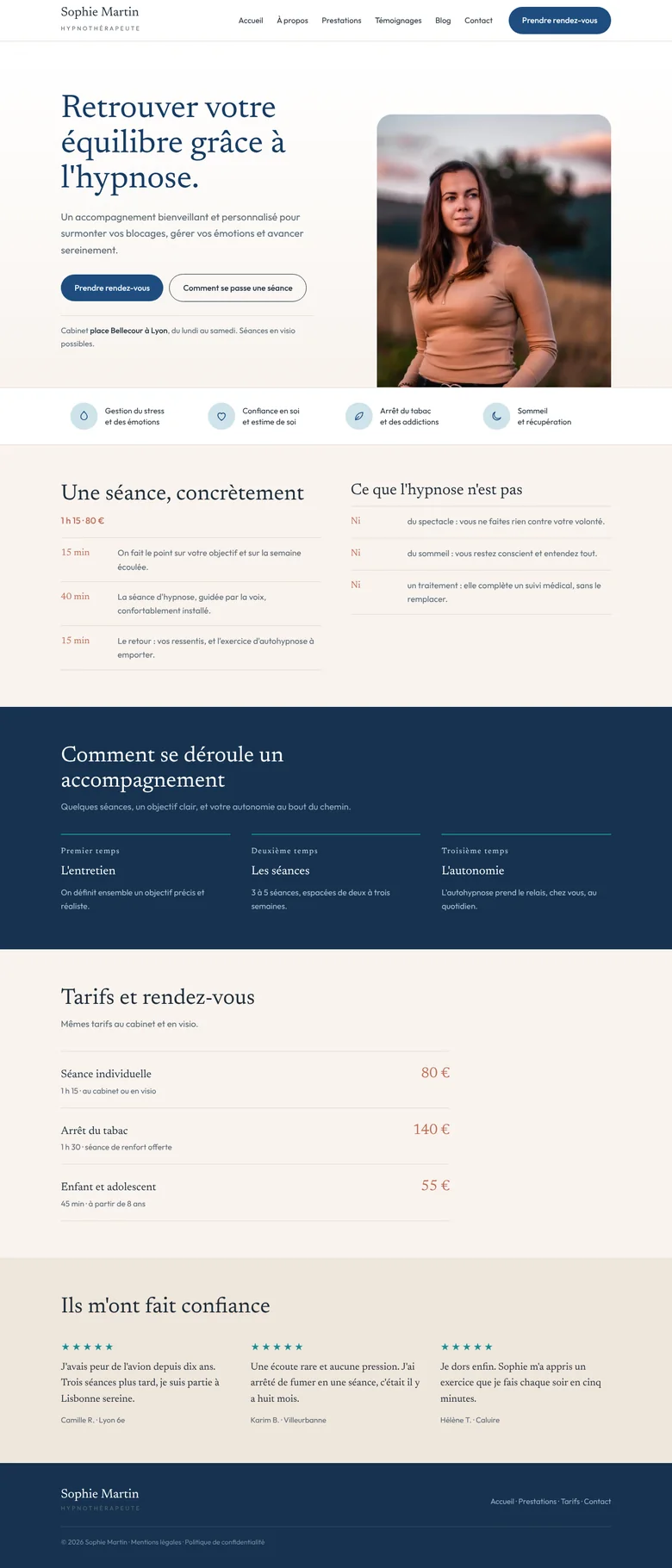 Site internet d'hypnothérapeute Sophie Martin : déroulé d'une séance, tarifs et témoignages