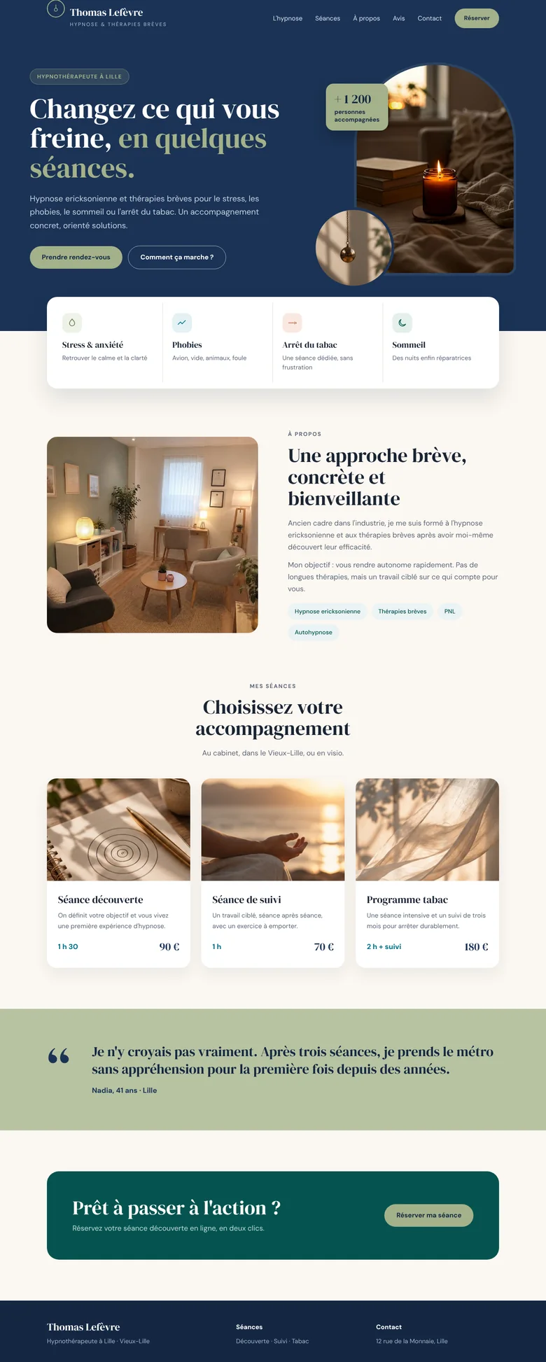Site internet d'hypnothérapeute Thomas Lefèvre : séances, avis clients et réservation en ligne
