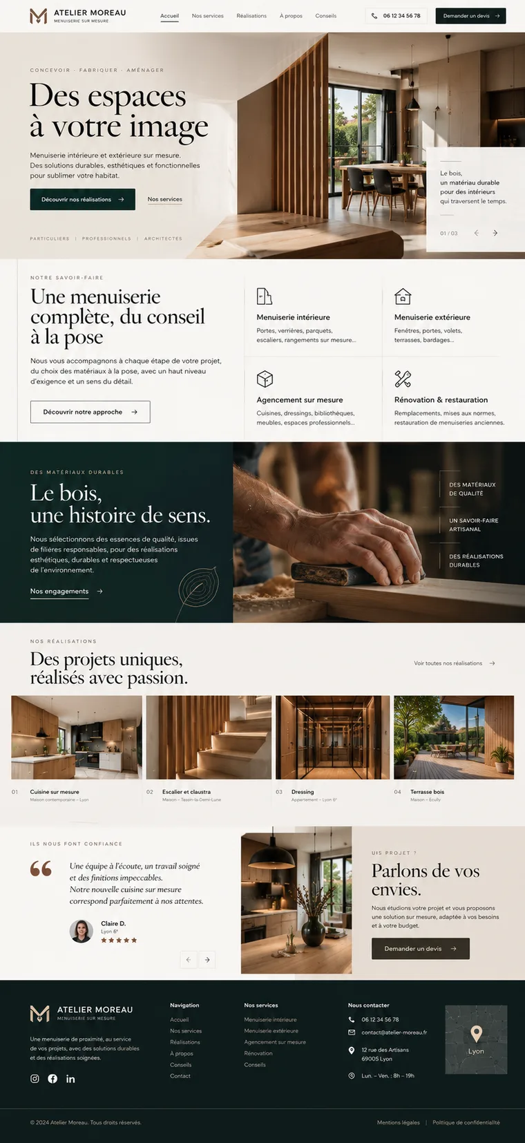 Site internet menuisier sur mesure créé par Blomiro : page d'accueil de Atelier Moreau