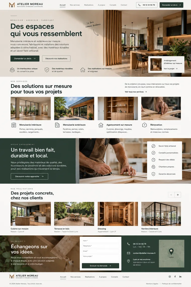 Site internet menuisier agenceur créé par Blomiro : page d'accueil de Atelier Moreau
