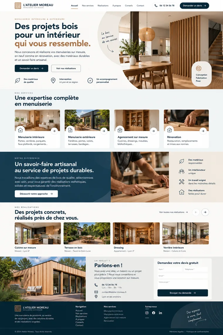 Site internet menuisier créé par Blomiro : page d'accueil de L'Atelier Moreau