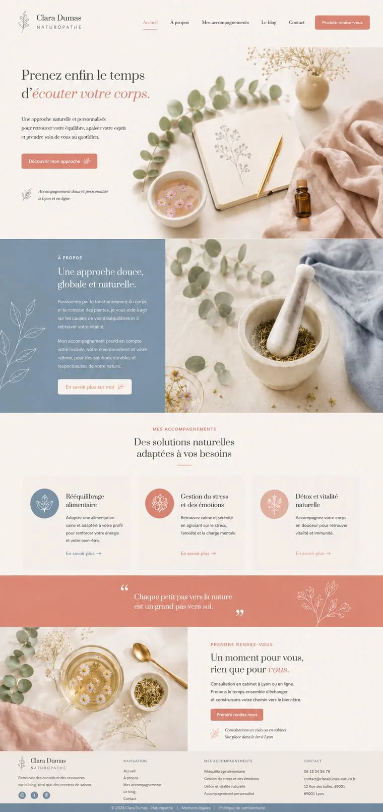 Site internet de naturopathe créé par Blomiro : page d'accueil de Clara Dumas avec prise de rendez-vous en ligne
