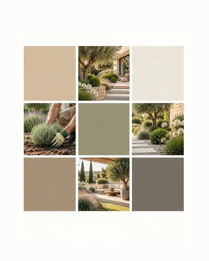 Palette sable, vert sauge et taupe pour un site de paysagiste