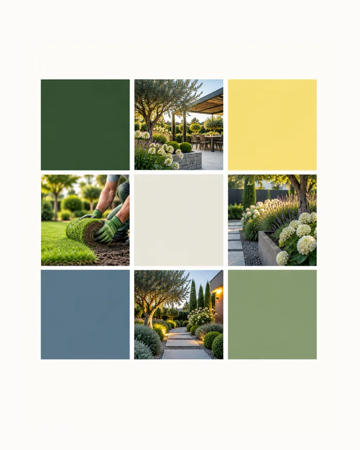 Palette vert jardin, jaune paille et bleu ardoise pour un site de paysagiste