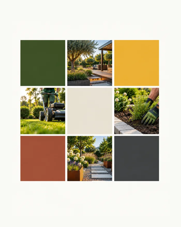 Palette vert mousse, jaune ocre et terracotta pour un site de paysagiste