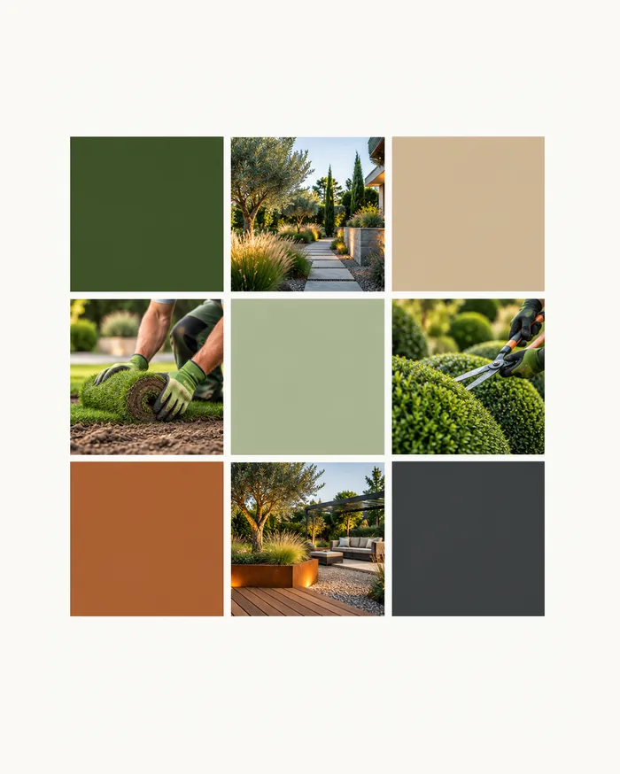 Palette vert profond, vert tendre et rouille pour un site de paysagiste
