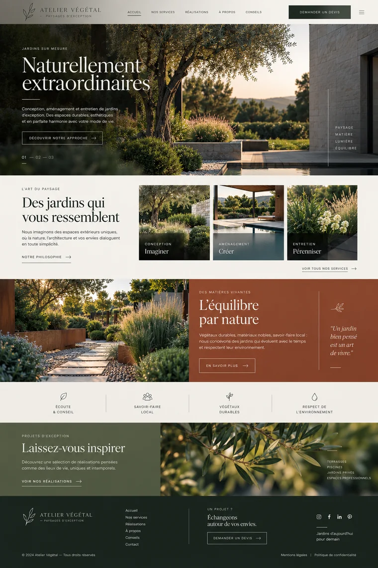 Site internet de paysagiste créé par Blomiro : page d'accueil « Naturellement extraordinaires » avec prise de rendez-vous en ligne