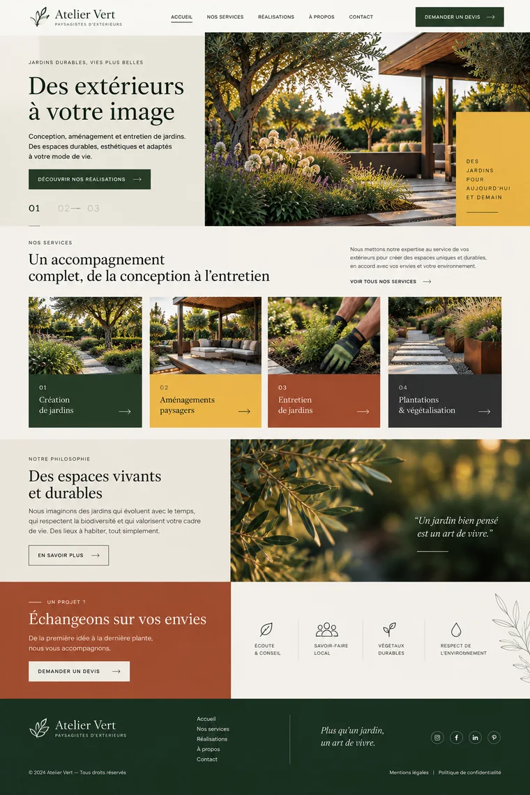 Site internet de paysagiste créé par Blomiro : page d'accueil d'Atelier Vert avec prise de rendez-vous en ligne