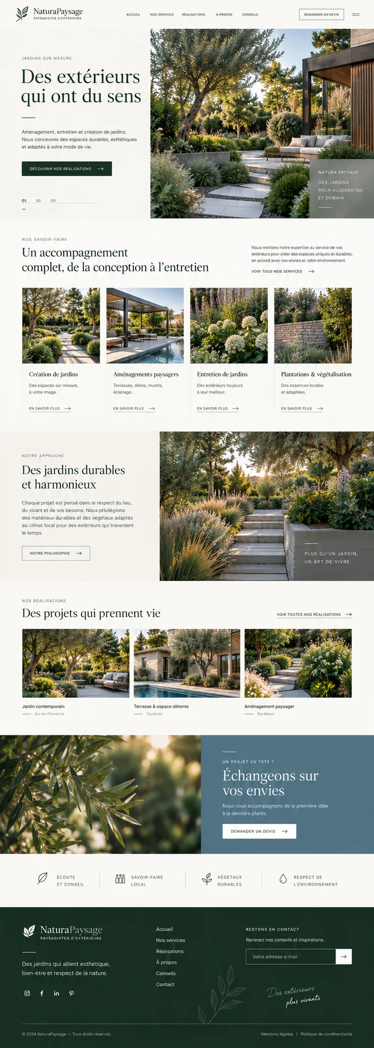 Site internet de paysagiste créé par Blomiro : page d'accueil de NaturaPaysage avec prise de rendez-vous en ligne