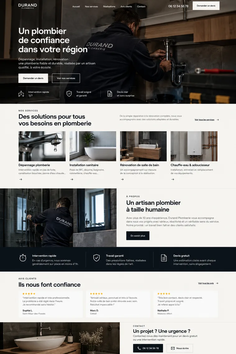 Site internet de plombier créé par Blomiro : page d'accueil de Durand Plomberie