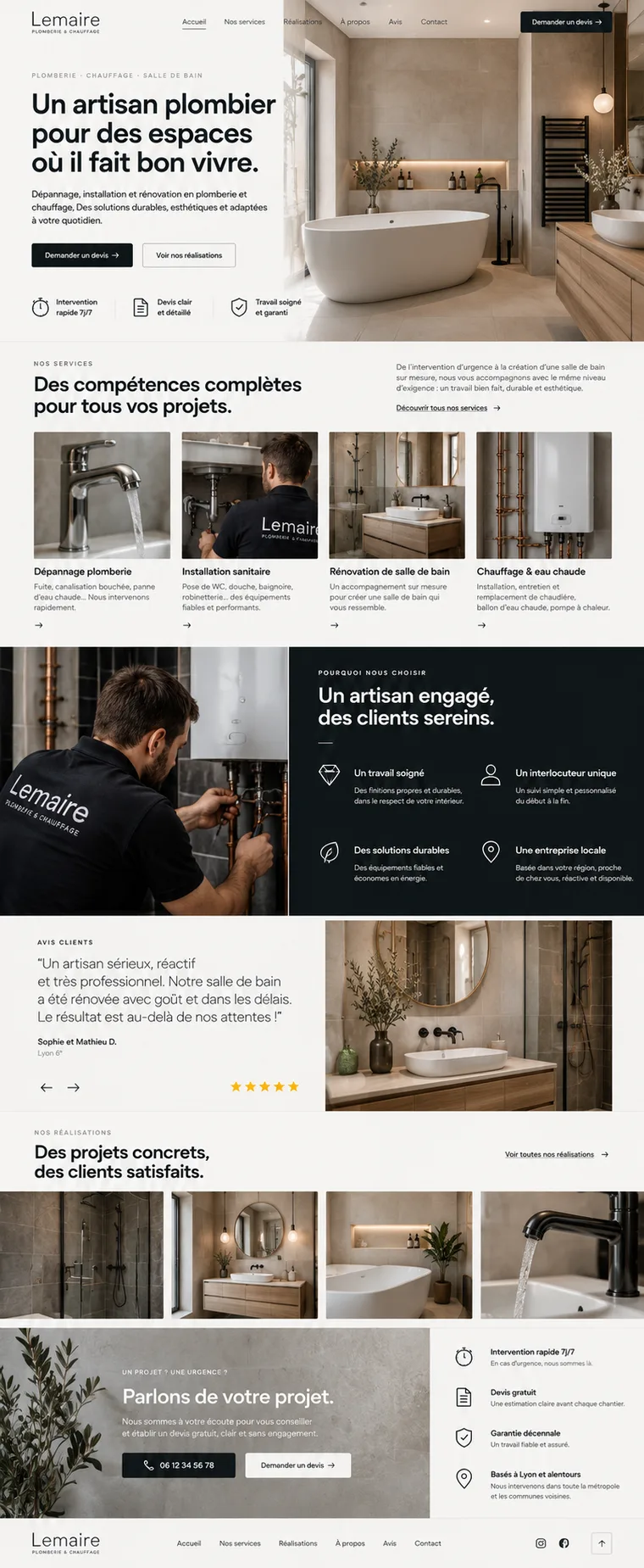 Site internet de plombier créé par Blomiro : page d'accueil de Lemaire Plomberie & Chauffage