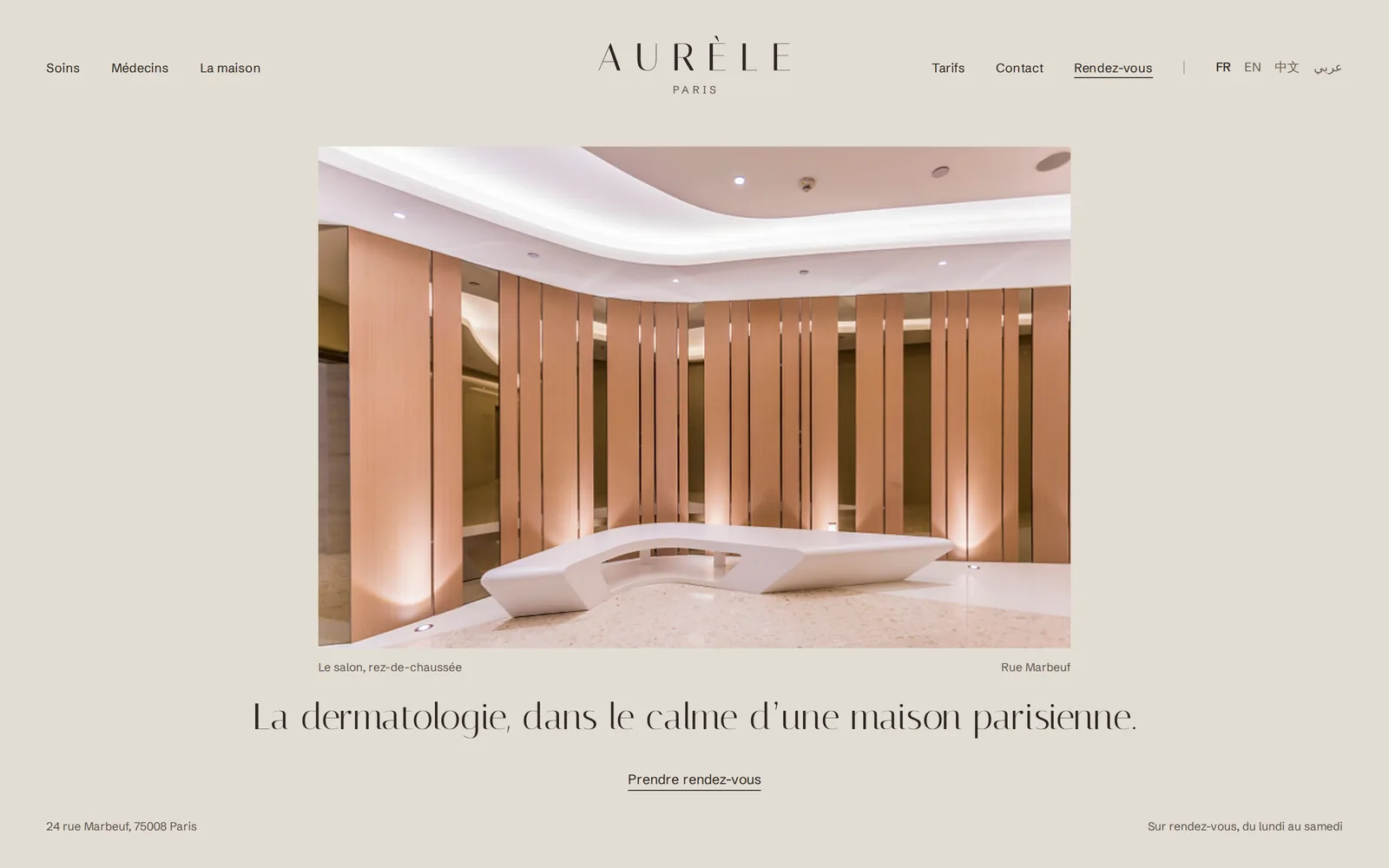Page d'accueil du site du cabinet de dermatologie Aurèle Paris