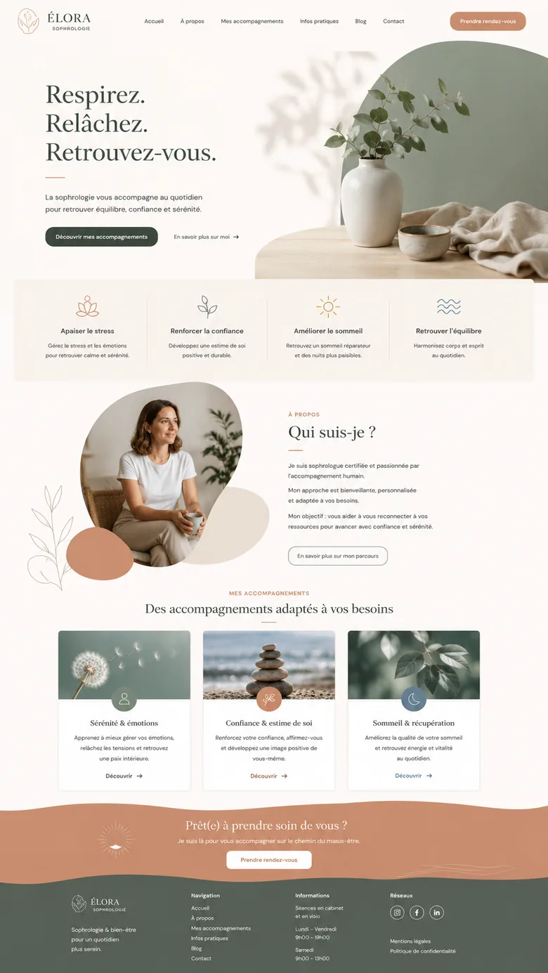 Site internet de sophrologue Harmonie : page d'accueil avec prise de rendez-vous en ligne